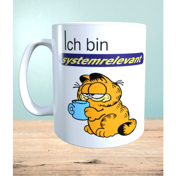 Tasse mit Aufdruck Ich bin systemrelevant, Garfield,  Sublimationsaufdruck, Größe 11oz (330 ml), lustiger Spruch, versch. Farben auswählbar