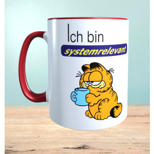 Tasse mit Aufdruck Ich bin systemrelevant, Garfield,  Sublimationsaufdruck, Größe 11oz (330 ml), lustiger Spruch, versch. Farben auswählbar