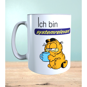 Tasse mit Aufdruck Ich bin systemrelevant, Garfield,  Sublimationsaufdruck, Größe 11oz (330 ml), lustiger Spruch, versch. Farben auswählbar