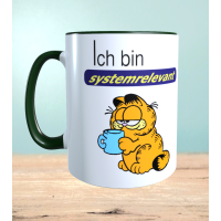 Tasse mit Aufdruck Ich bin systemrelevant, Garfield,  Sublimationsaufdruck, Größe 11oz (330 ml), lustiger Spruch, versch. Farben auswählbar