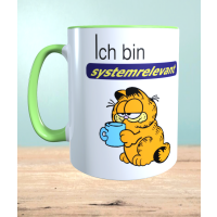 Tasse mit Aufdruck Ich bin systemrelevant, Garfield,  Sublimationsaufdruck, Größe 11oz (330 ml), lustiger Spruch, versch. Farben auswählbar