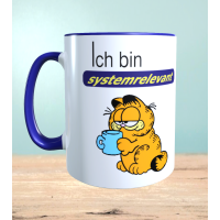 Tasse mit Aufdruck Ich bin systemrelevant, Garfield,  Sublimationsaufdruck, Größe 11oz (330 ml), lustiger Spruch, versch. Farben auswählbar