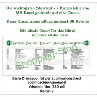 Excel Shortcuts Tasse, Kaffeetasse mit Kurzbefehlen, Bürotasse, Geschenk für Excel Liebhaber