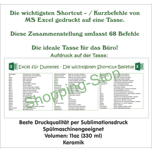 Keramik Tasse mit Excel Shortcuts, Büro Kollegen Geschenk, Kaffeetasse, lustiges Büro Accessoire