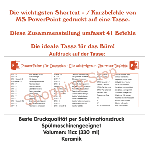 Bedruckte Tasse mit PowerPoint Shortcuts, Kurzbefehle, Tastenkombinationen, Geschenk für Webdesigner, Büro Geschenk