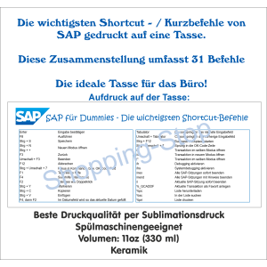 Bedruckte Tasse mit SAP Shortcuts Kurzbefehlen, Geschenk für SAP Benutzer, Tasse für Büro, Lustige Tasse, Kaffeetasse