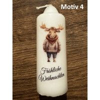 Weihnachtliche Stumpenkerze bedruckt mit Weihnachts - Elch, versch. Motive